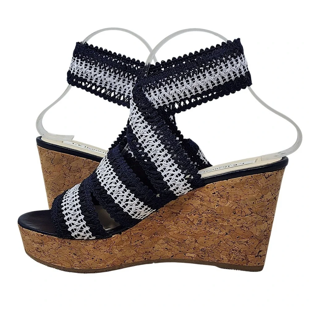 LK‎ Bennett Cork Wedge Sandals 38 7 Womens Navy Blue White Striped Crochet Spain